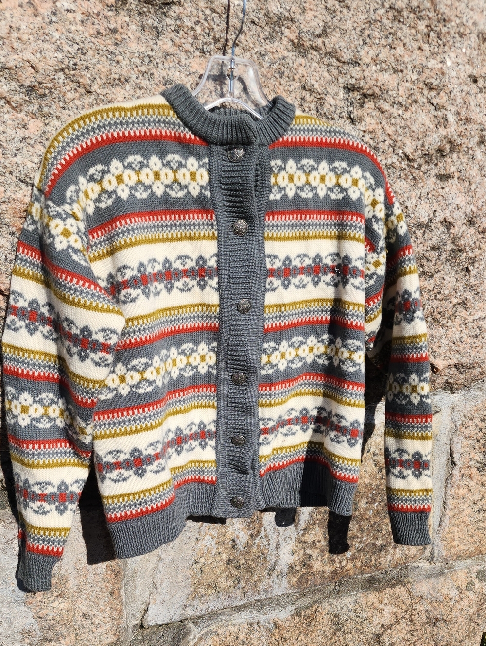 Olav Kovalitet Sporty Gray Fair Isle Button-Front Wool Sweater Made In Norway 40